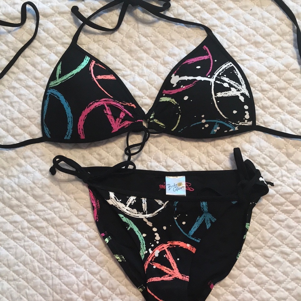 Black Peace Sign Body Glove String Bikini Sz Sm